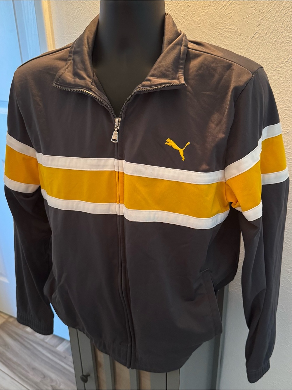 Puma Charcoal Jacket with Yellow and White Stripes